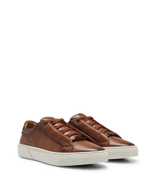 Boss Brown Gary Leather Low-top Trainers With Branded Lace Loop for men