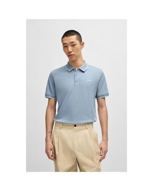 HUGO Blue Stretch-Cotton Slim-Fit Polo Shirt With Printed Logo for men
