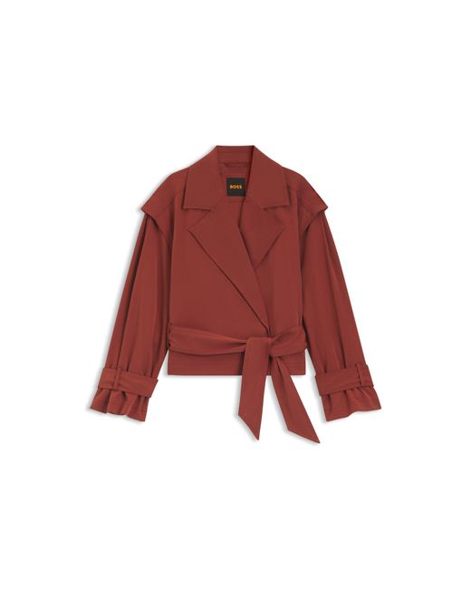 Boss Red Cropped Trench Jacket With Belt