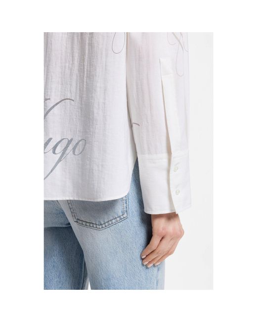 HUGO White Oversized-Fit Blouse With Burnout Logo Print