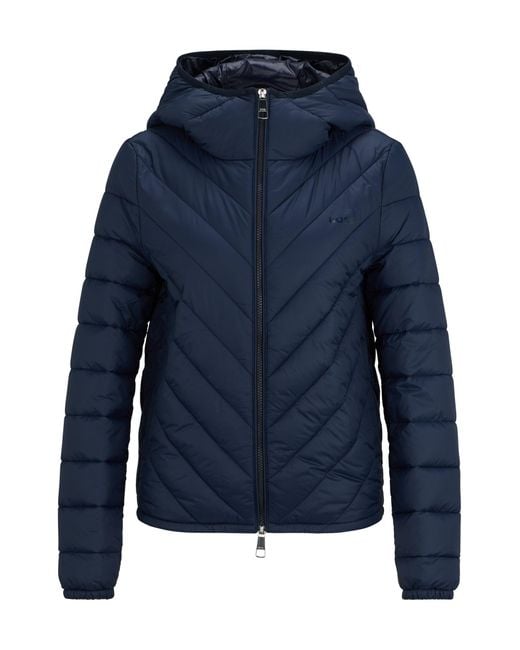 Boss Blue Water-repellent Quilted Jacket With Logo-trimmed Hood