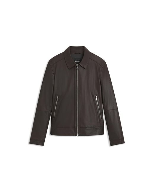 Boss Gray Regular-Fit Leather Jacket With Zip Closure for men