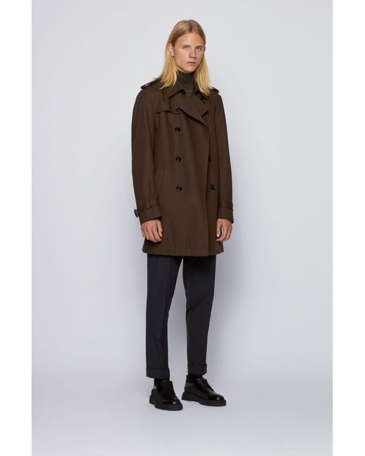BOSS by Hugo Boss Trench Coat In Water Repellent Cotton in Light Green