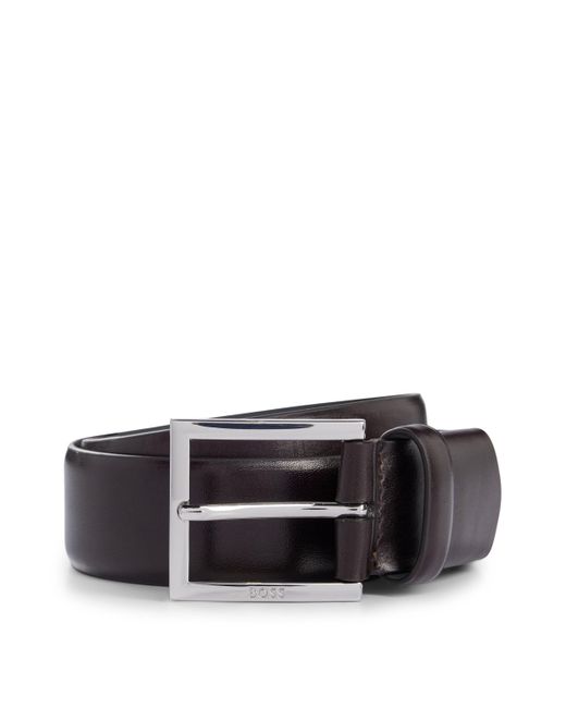 Boss Brown Leather Belt With Square Logo-engraved Buckle for men