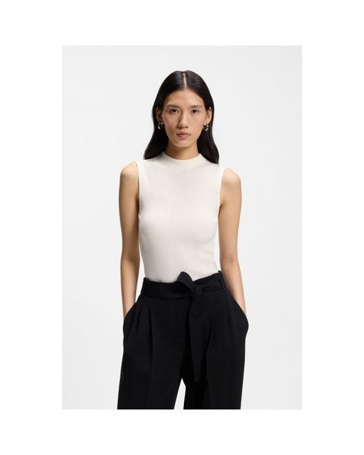 Boss Black Ribbed-Knit Top With Mock Neckline