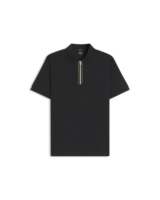 Boss Black Mercerised-Cotton Polo Shirt With Zip Placket for men