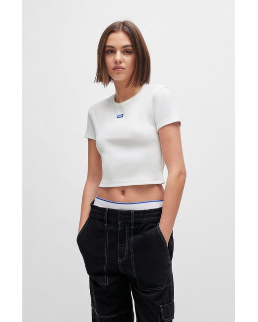 HUGO White Stretch-cotton Slim-fit T-shirt With Blue Logo Label