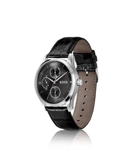 Boss Black Principle-Textured-Dial Watch With Leather Strap for men