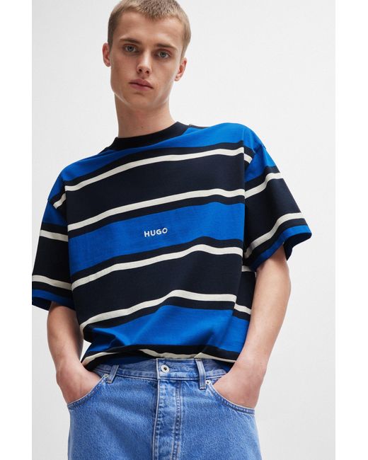 HUGO Blue Striped T-shirt In Cotton Jersey With Embroidered Logo for men