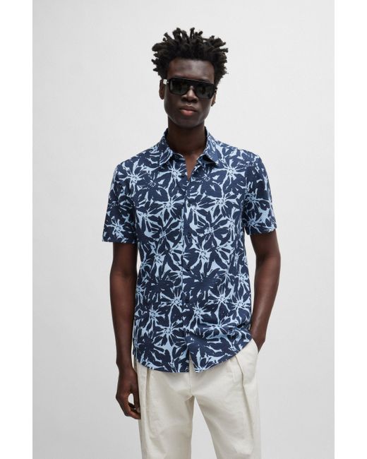 Boss Blue Slim-fit Shirt In Printed Cotton Jersey for men