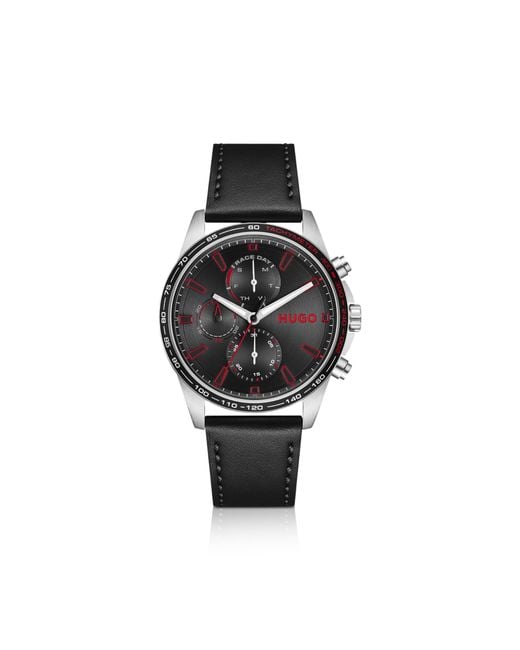 HUGO Black #Drift-Dial Watch With Leather Strap for men
