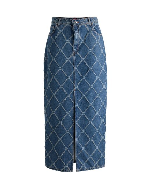 HUGO Blue Rigid-denim Maxi Skirt With Stacked-logo Pattern