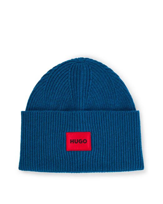 HUGO Gerippte Mütze mit rotem Logo-Label in Blue für Herren