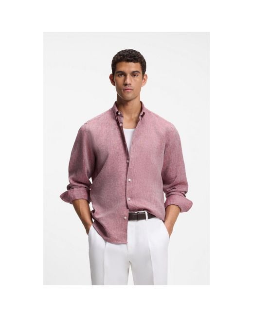 Boss Purple Regular-Fit Linen Shirt With Button-Down Collar for men