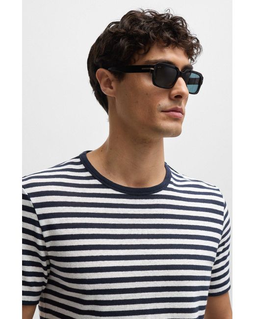Boss Black Horizontal-stripe T-shirt In Cotton And Linen for men
