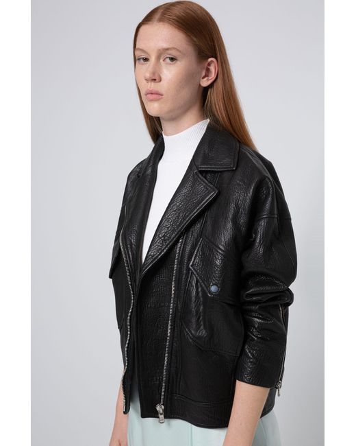 BOSS by Hugo Boss Relaxed Fit Biker Jacket In Grained Nappa Leather in