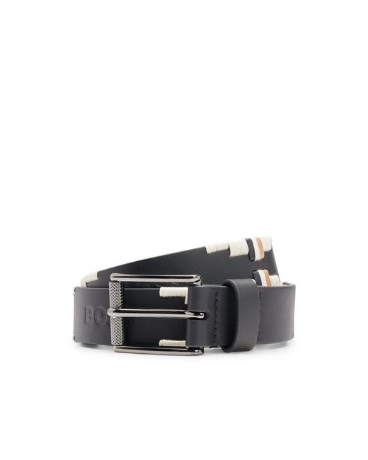 Boss Black Equestrian Leather Belt With Hand-Embroidered Signature Stripes
