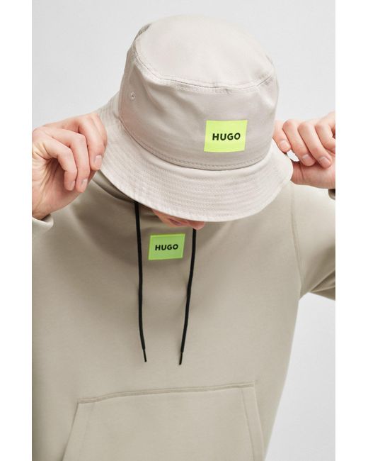 HUGO White Cotton-twill Bucket Hat With Logo Label for men