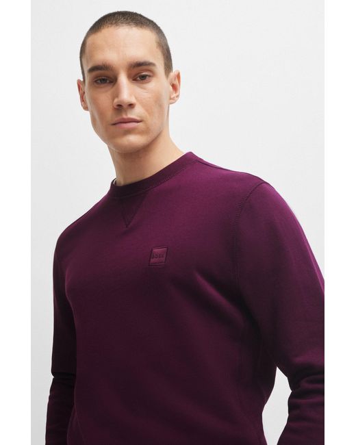 Boss Purple Cotton-terry Relaxed-fit Sweatshirt With Logo Patch for men