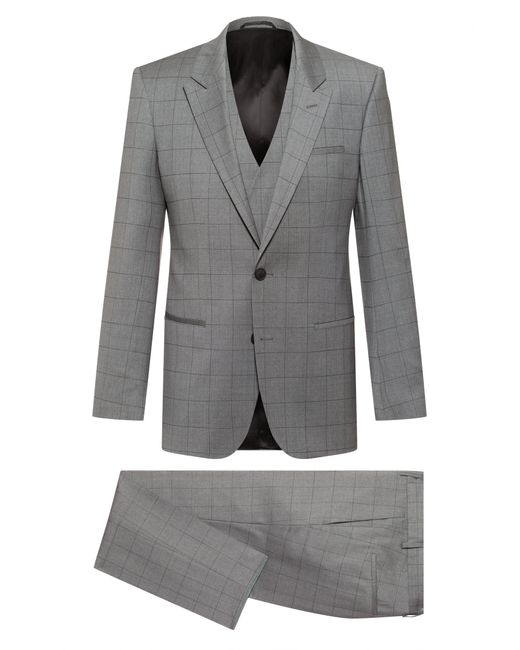 BOSS by Hugo Boss Gray Three-piece Slim-fit Suit In Checked Virgin Wool for men