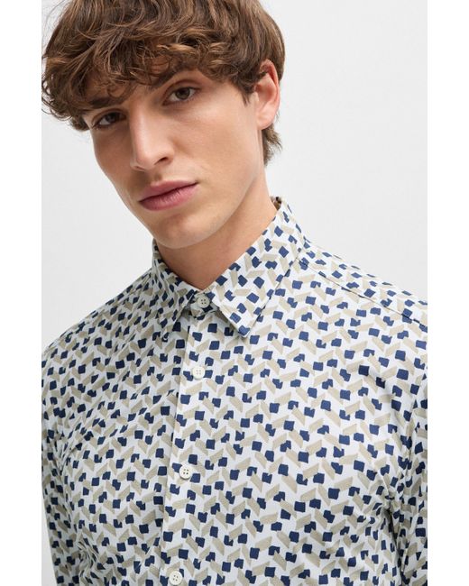 Boss Natural Slim-fit Shirt In Printed Performance-stretch Material for men