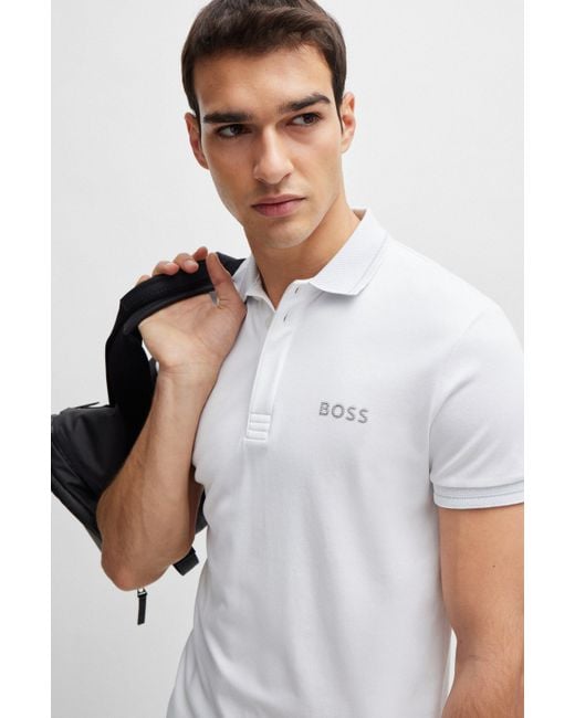 Boss White Interlock-cotton Slim-fit Polo Shirt With Mesh Logo for men