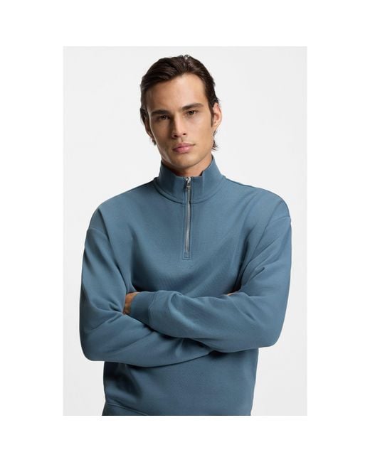 HUGO Blue Cotton-Terry Logo Sweatshirt With Zip Neck for men