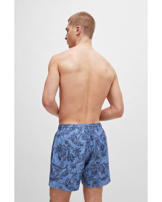 Boss Blue Logo-badge Swim Shorts With Seasonal Print for men
