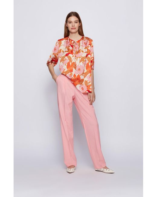 BOSS by Hugo Boss Floral-print Top With Ruched Neckline in Patterned (Orange)  - Lyst
