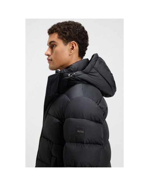 Boss Black Longline Water-Repellent Padded Jacket With Hood for men