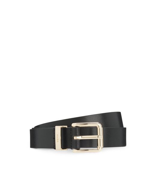 HUGO Black Italian-Leather Belt With-Tone Buckle