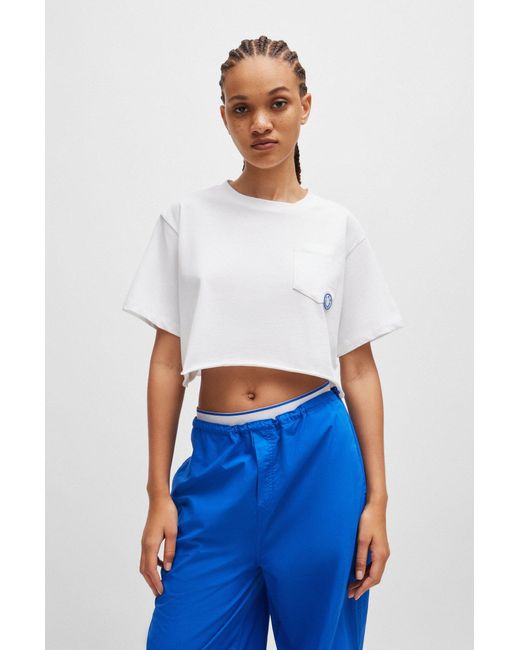 HUGO White Relaxed-fit Cropped T-shirt With Logo Badge