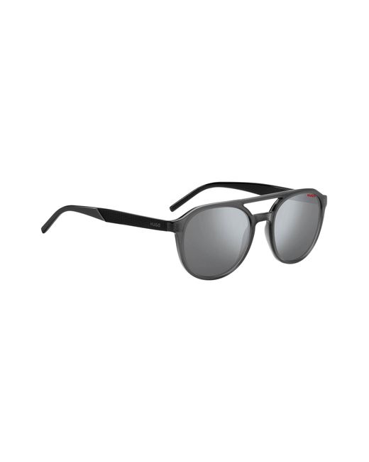 HUGO Black Double-bridge Sunglasses In Grey Acetate With Patterned Temples for men