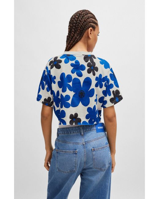 T-shirt Relaxed en jersey de coton avec imprimé à fleurs HUGO en coloris Blue