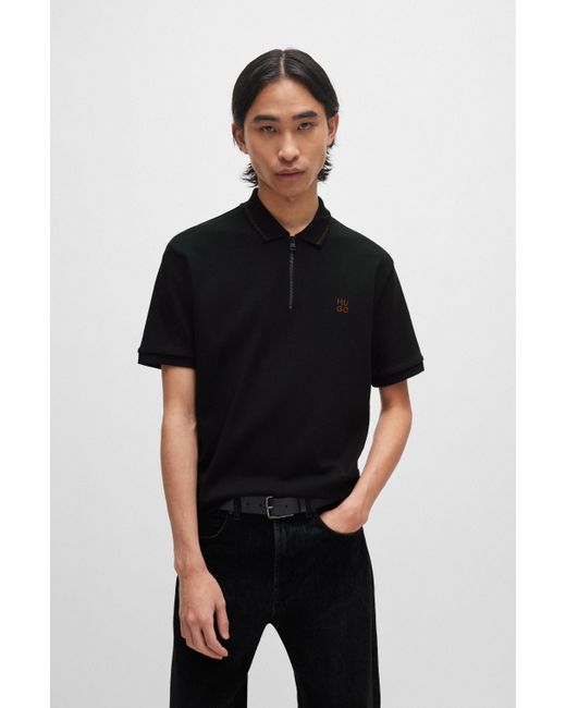 HUGO Black Interlock-cotton Polo Shirt With Stacked Logo for men