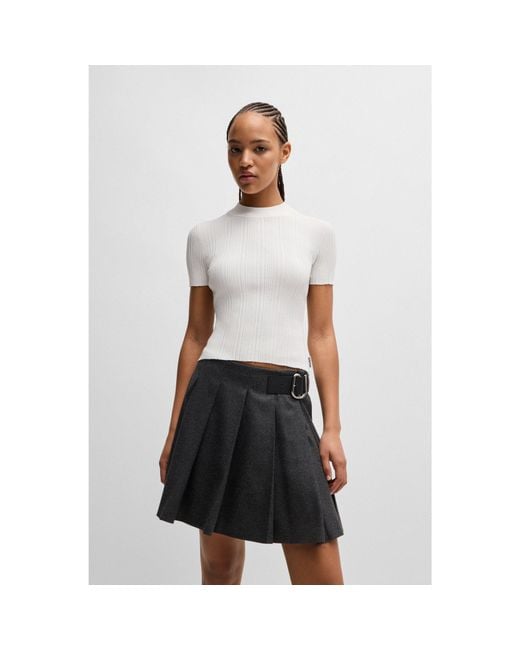 HUGO White Mock-Neck Knit T-Shirt With Irregular Ribbing