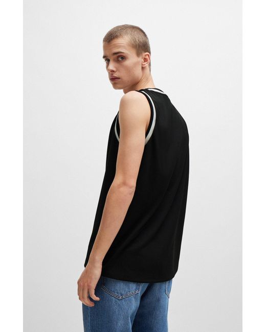 HUGO Black Mesh Tank Top With Contrast Logo And Stripes for men