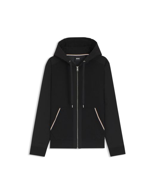 Boss Black Cotton-Terry Zip-Up Hoodie With Signature-Stripe Trims for men