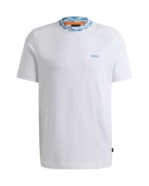 Boss White Cotton-jersey Regular-fit T-shirt With Patterned Collar for men