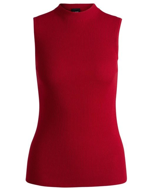 Boss Red Sleeveless Mock-neck Top In Ribbed Fabric