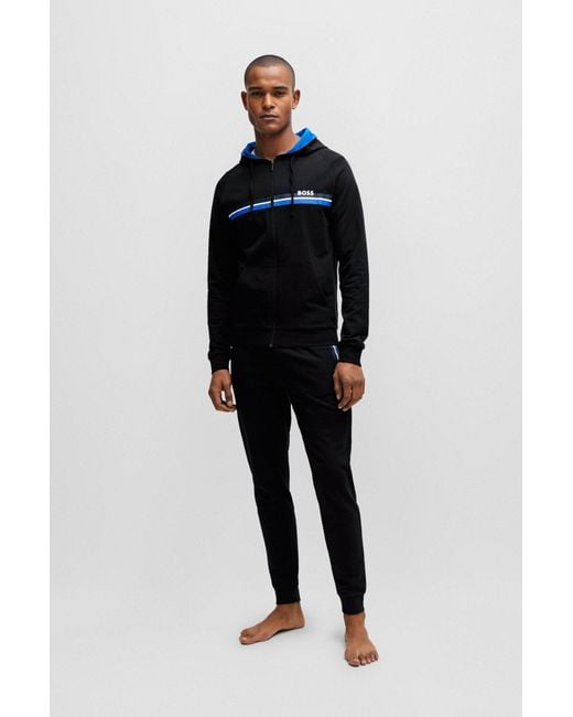 Boss Black Cotton-terry Zip-up Hoodie With Stripes And Logo for men