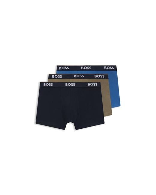 Boss Blue Three-Pack Of Stretch-Cotton Trunks With Logo Waistbands for men