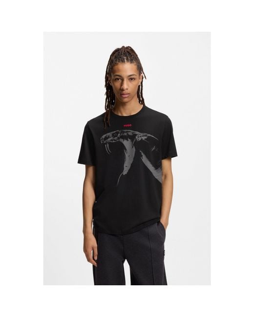 HUGO Black Cotton-Jersey T-Shirt With Cobra Print for men