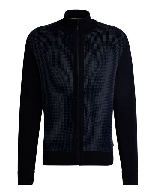 Boss Blue Zip-up Cardigan In Wool With Mixed Structures for men