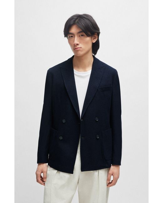Boss Blue Slim-fit Jacket In Micro-patterned Cotton for men