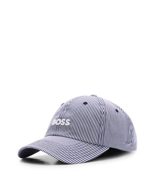 Boss White Striped Cap With Embroidered Logo In Cotton Poplin for men
