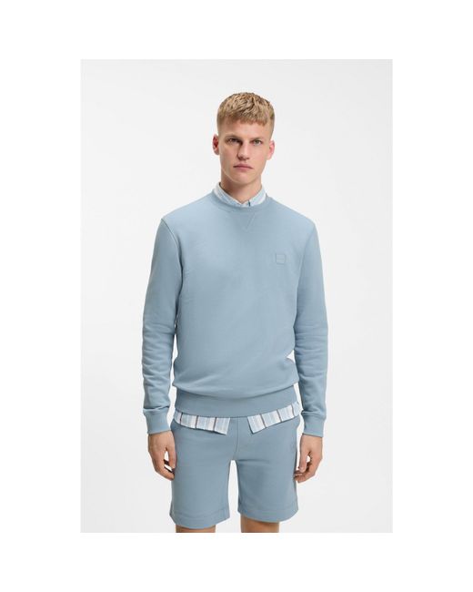 Boss Blue Cotton-Terry Sweatshirt With Logo Patch for men