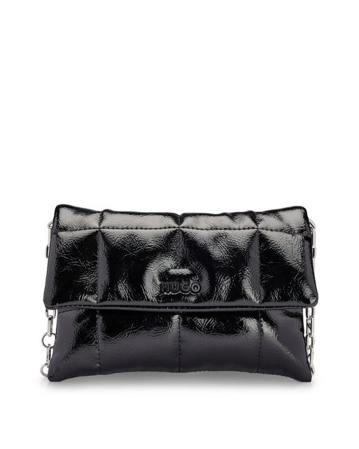 HUGO Black Vinyl-effect Quilted Clutch Bag With Logo Chain