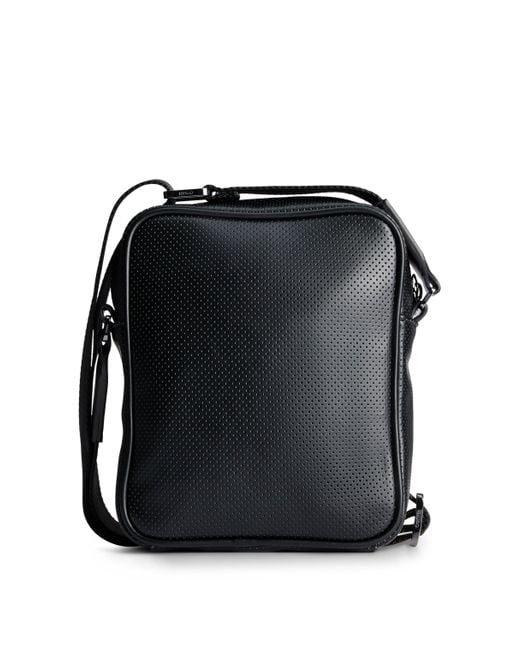 HUGO Black Logo-lettering Mini Reporter Bag In Perforated Faux Leather for men