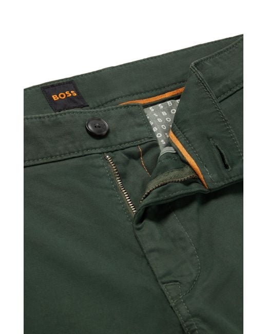 by HUGO BOSS Slim-fit Trousers In Stretch-cotton Satin in Green for Men | Lyst